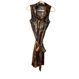 The Limited Dress Brown Gold Sleeveless Cowl Neck Tie Waist Floral Polka‎ Dot